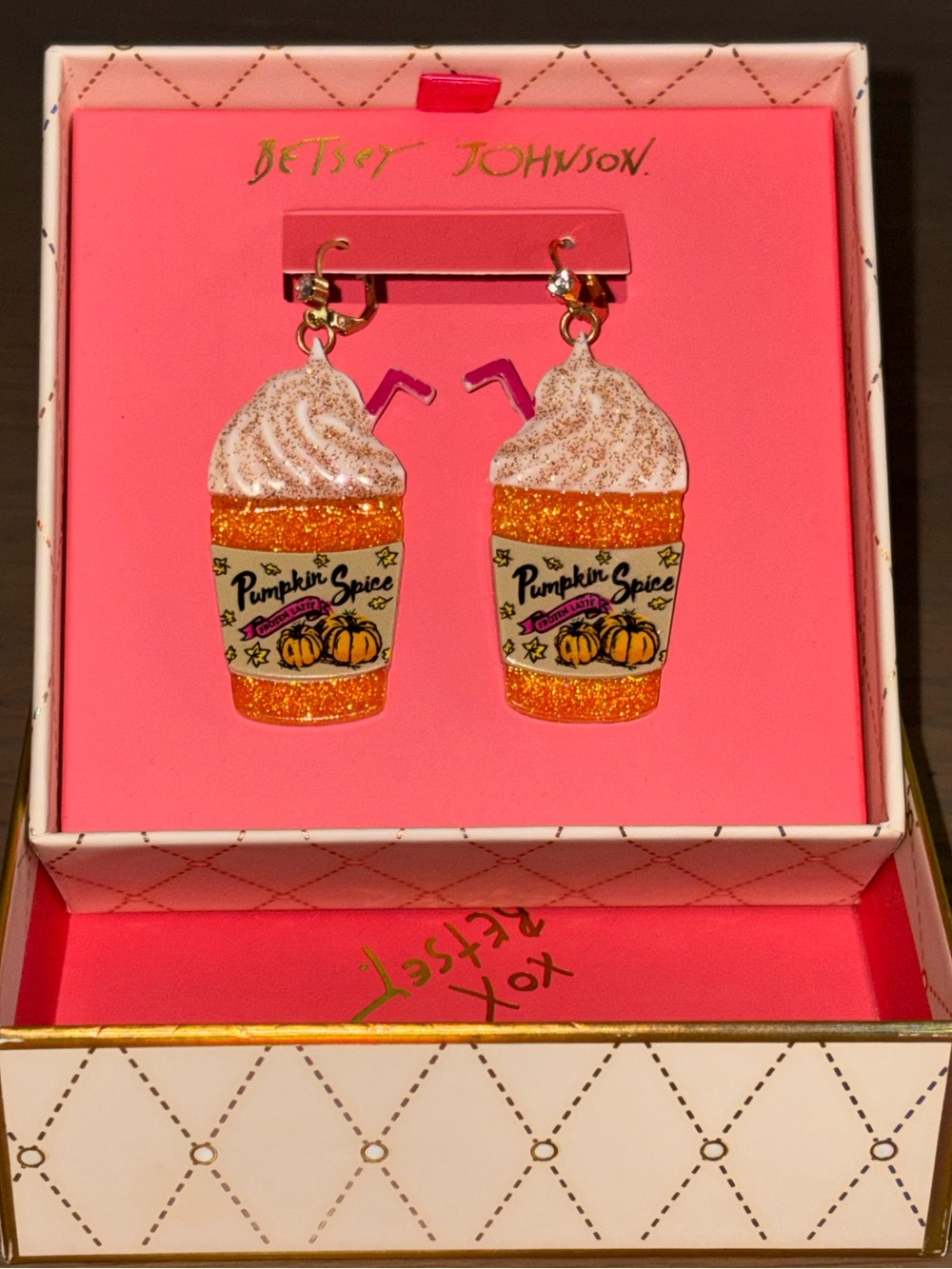 Betsey Johnson Pumpkin Spice Cup Drink Earrings - Gold Tone - NWT